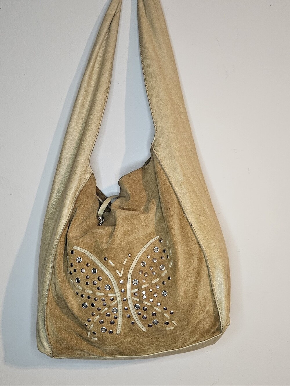 Arcadia Italy Vintage Gold Leather Hobo Bag Butterfly Embossed Y2K Rare - Picture 3 of 16